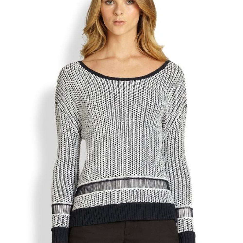Alice and Olivia Sweater Dane Dropped Shoulder Birdseye Knit Navy Blue White